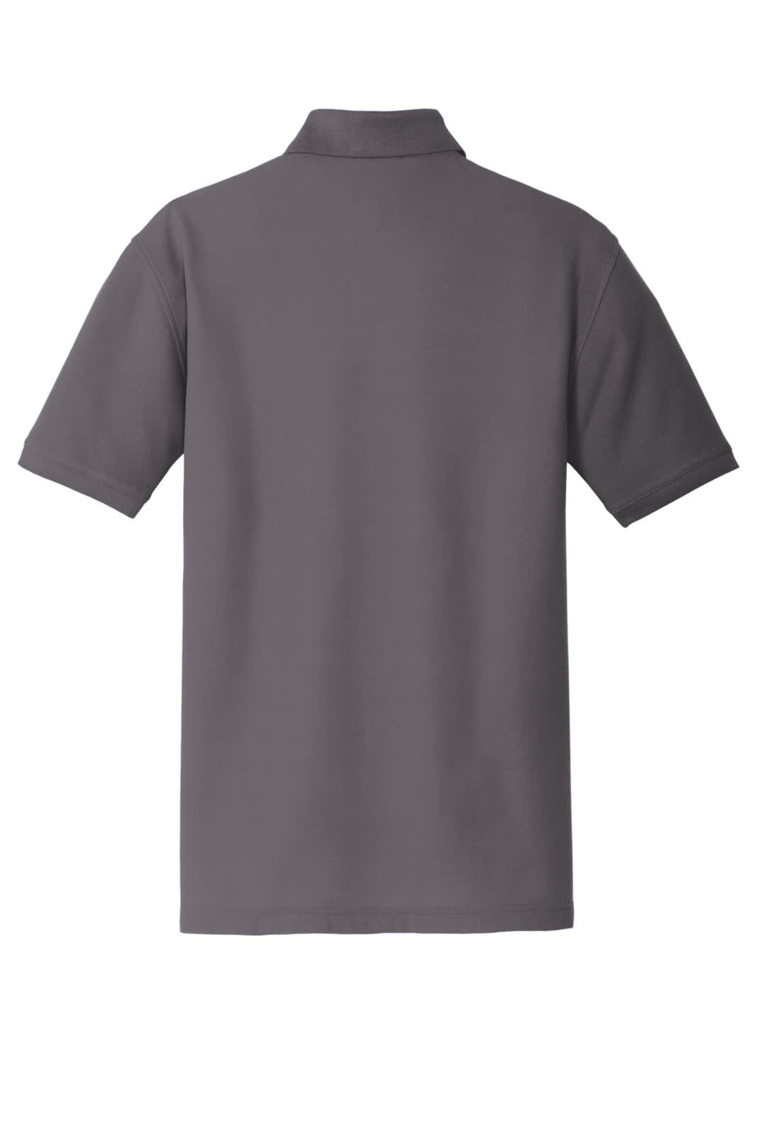 A grey polo shirt with a classic pique texture and short sleeves, featuring a collar and a logo.