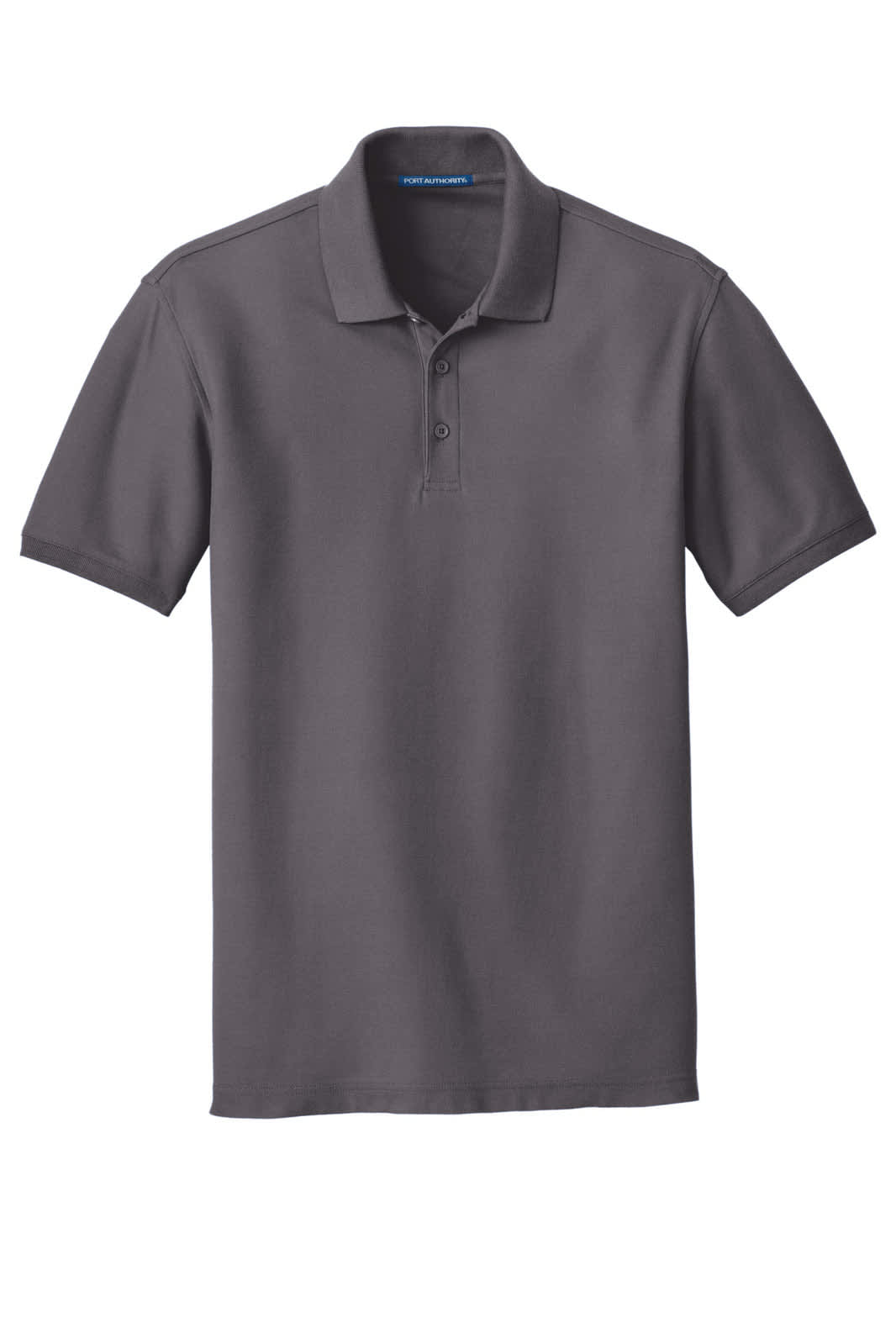A grey polo shirt with a classic pique texture, featuring a collar and three-button placket. It has a logo.