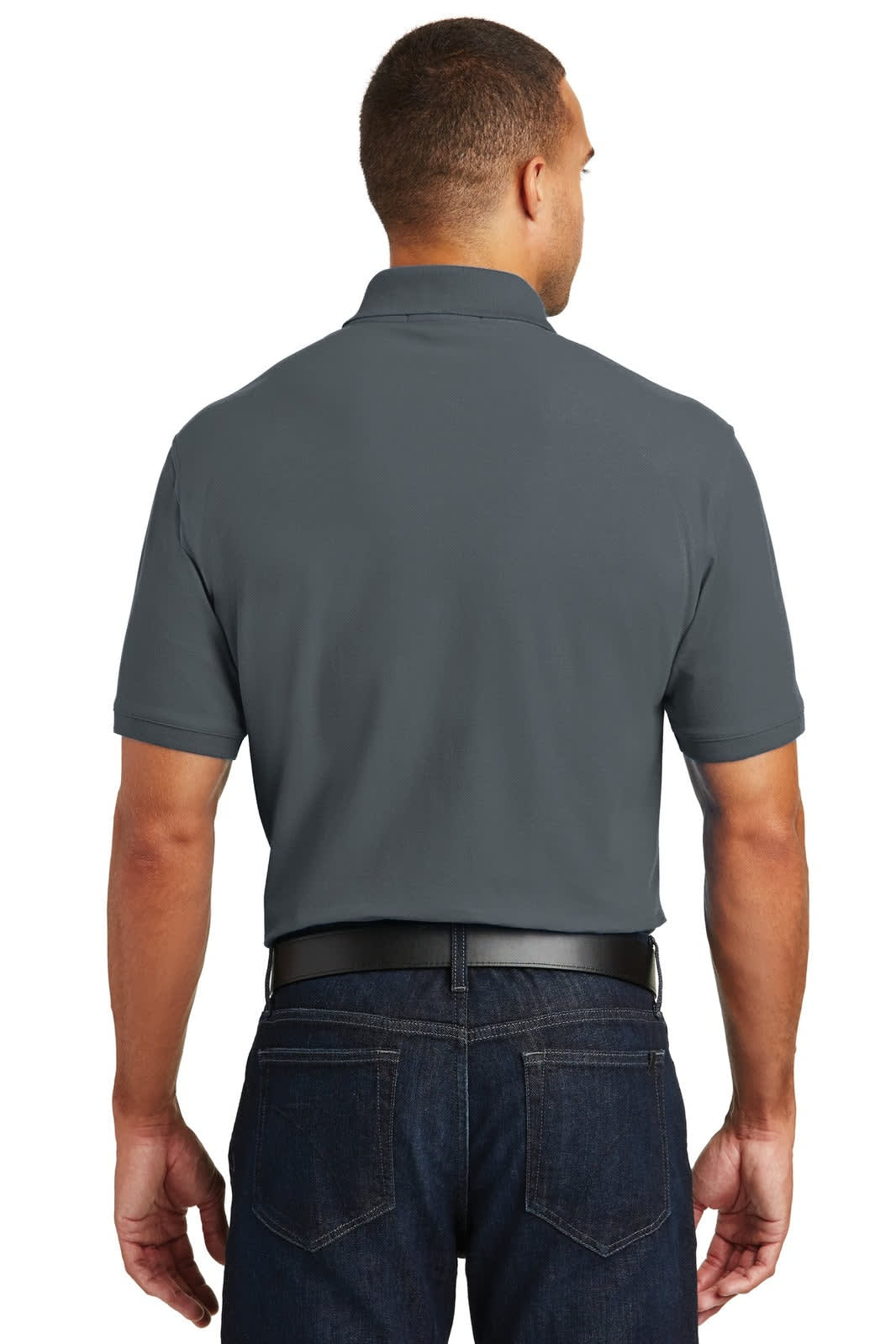 A grey polo shirt with short sleeves, featuring a collar and a logo on the back, shown on a model from behind.