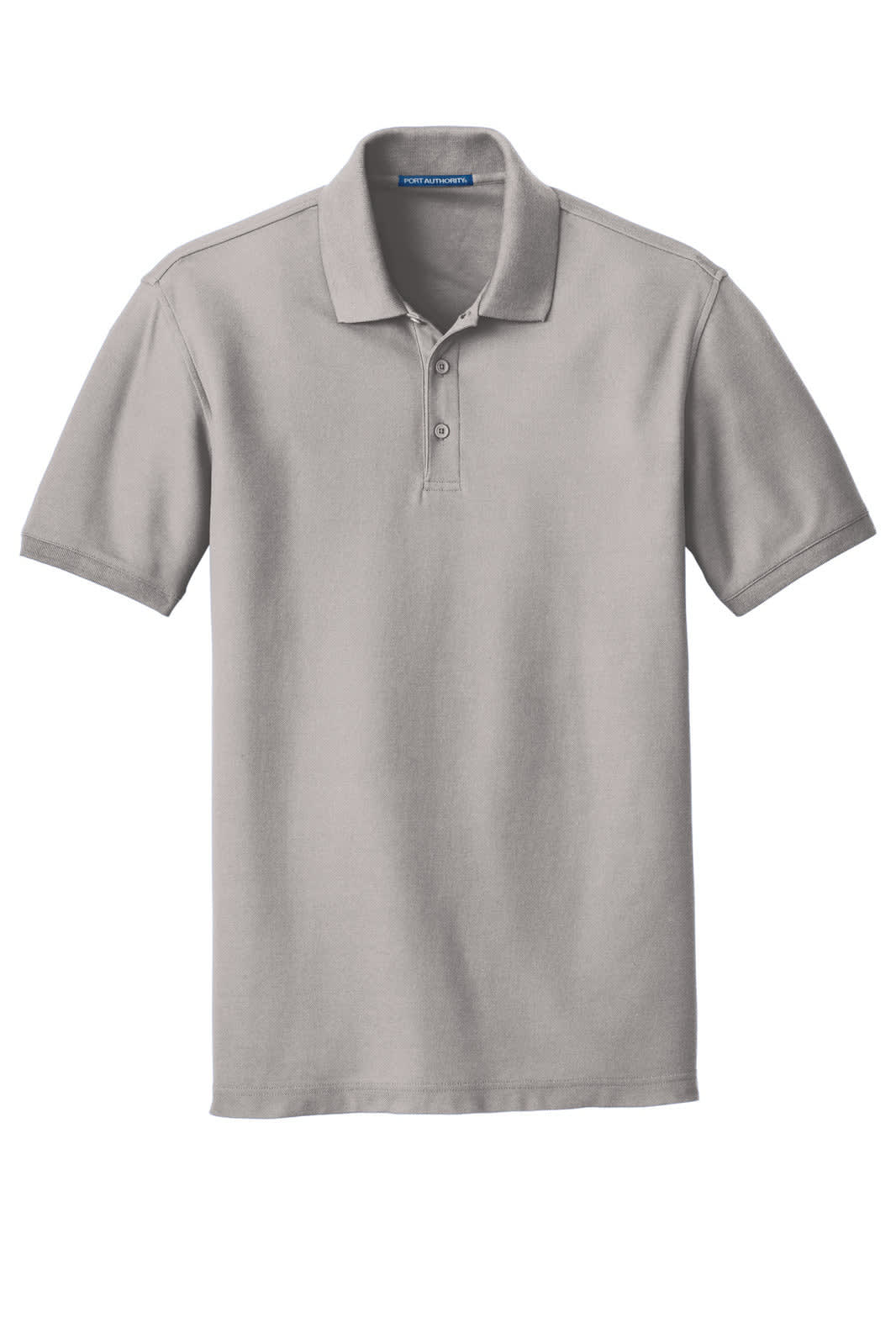 A grey polo shirt featuring a classic pique design and a collar, with a logo on the label.