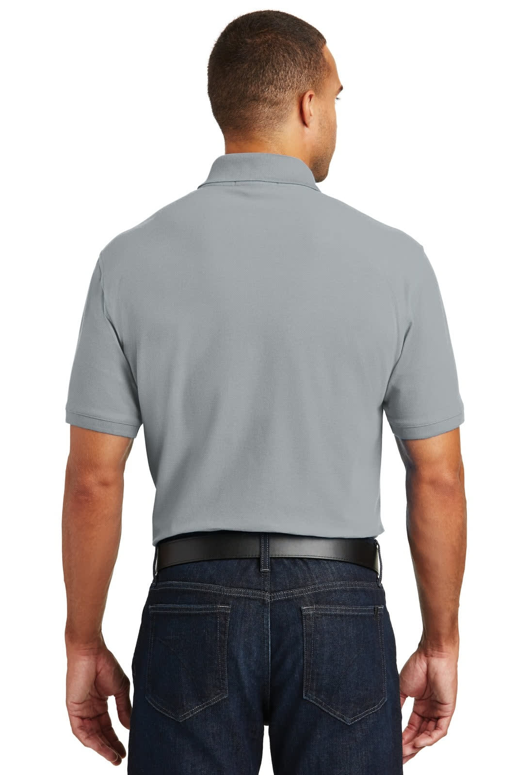 A grey polo shirt is displayed from the back, featuring a collar and short sleeves. It has a logo on the chest.