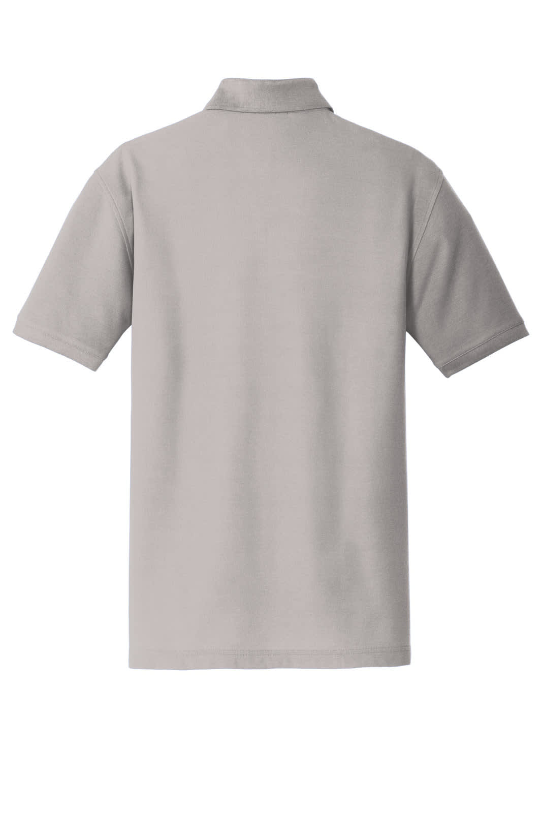 A grey polo shirt with a classic pique texture and short sleeves, featuring a collar and a logo on the back.