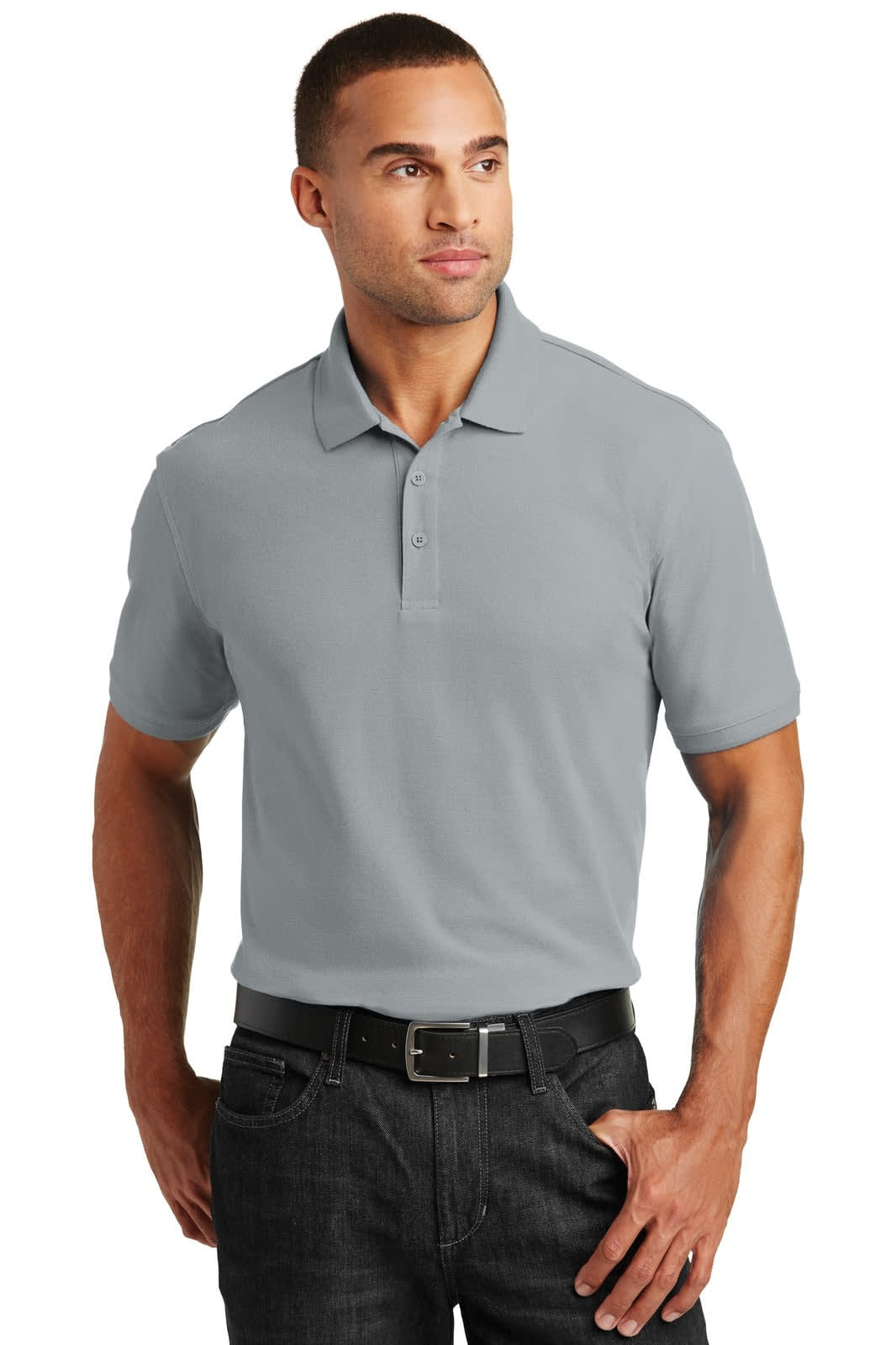 A grey polo shirt featuring a collar, short sleeves, and a logo. Suitable for casual or formal wear.