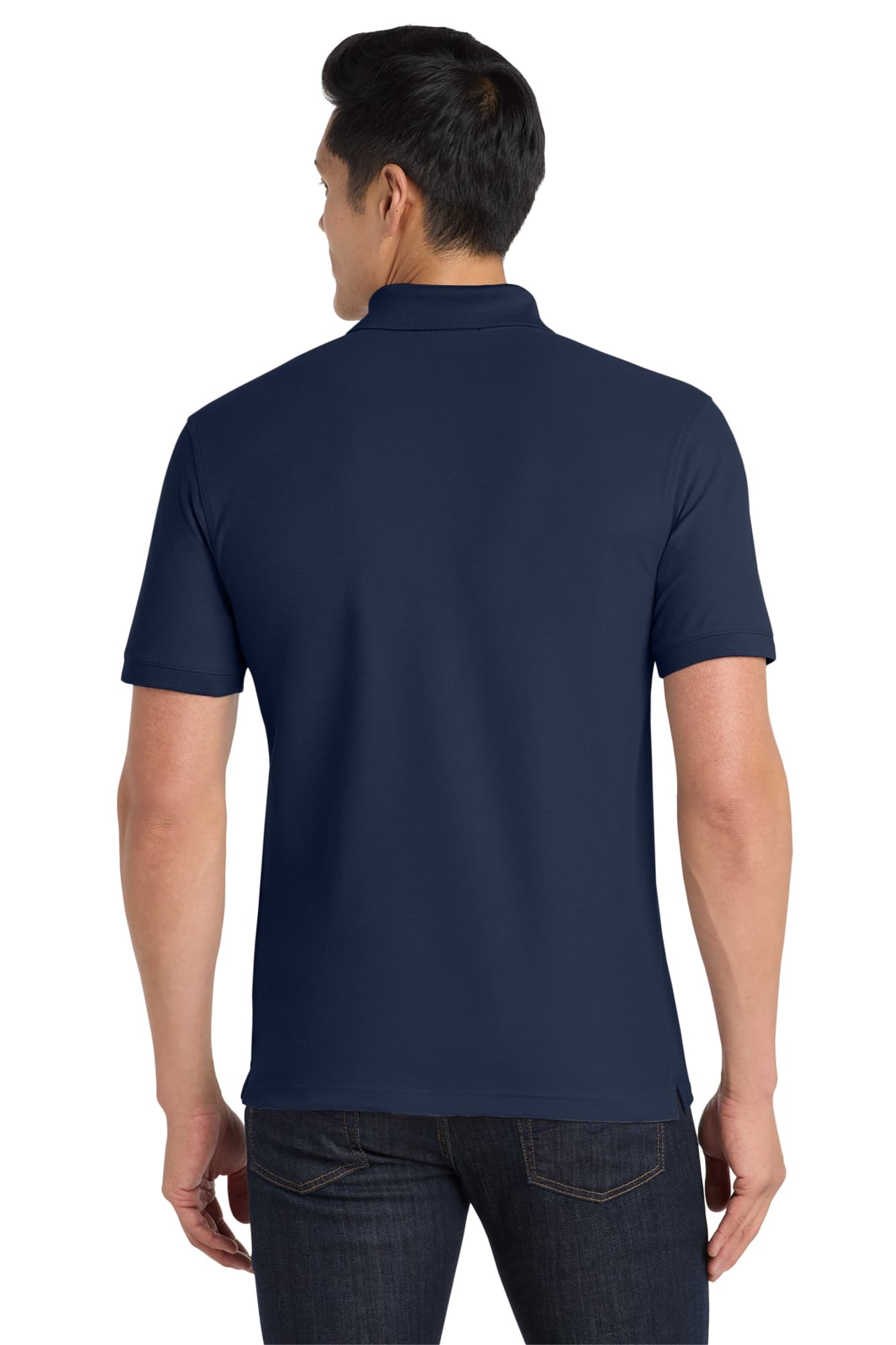 A navy blue Port Authority Core Classic Pique Polo shirt featuring a branding logo on the back.