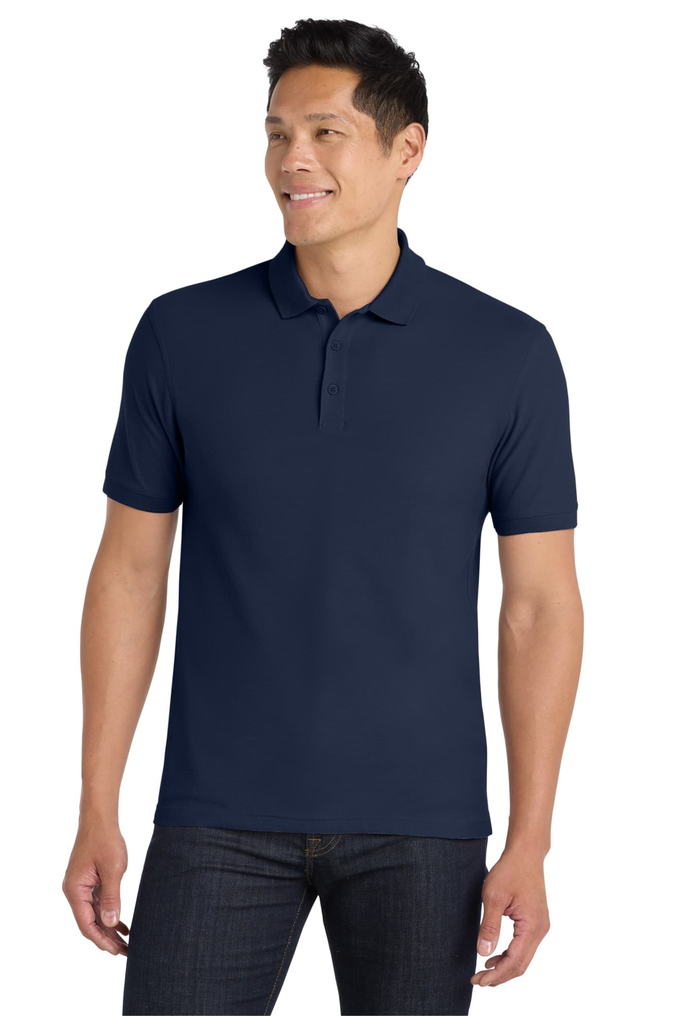 A navy blue polo shirt with a collar and short sleeves, featuring a logo on the chest.