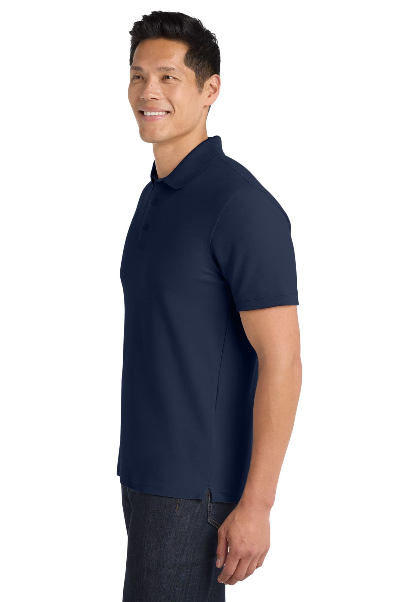 A navy blue polo shirt is displayed on a model, featuring a classic pique texture and a brand logo.