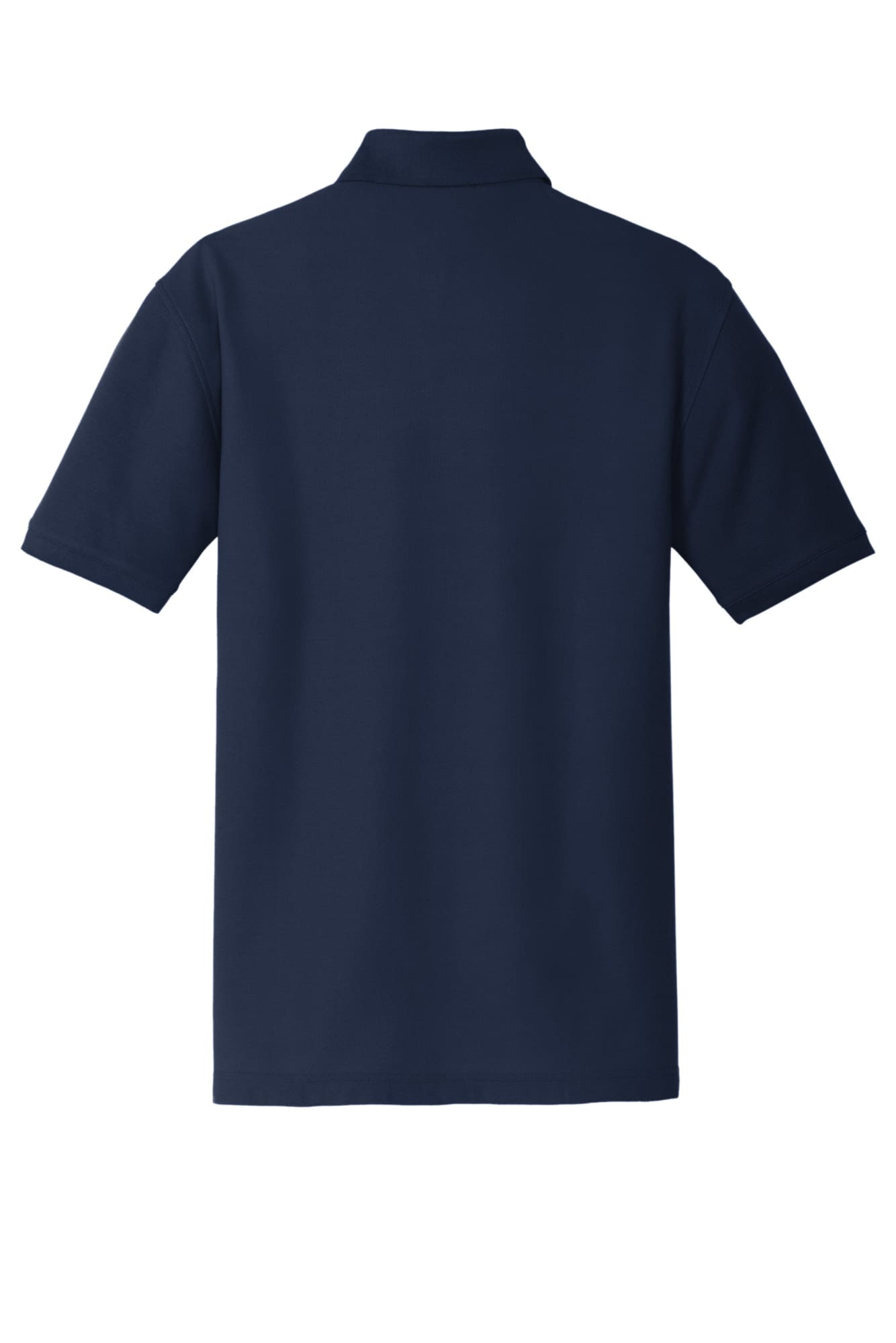 A navy blue polo shirt with a classic pique texture and a collar, featuring a branding logo.