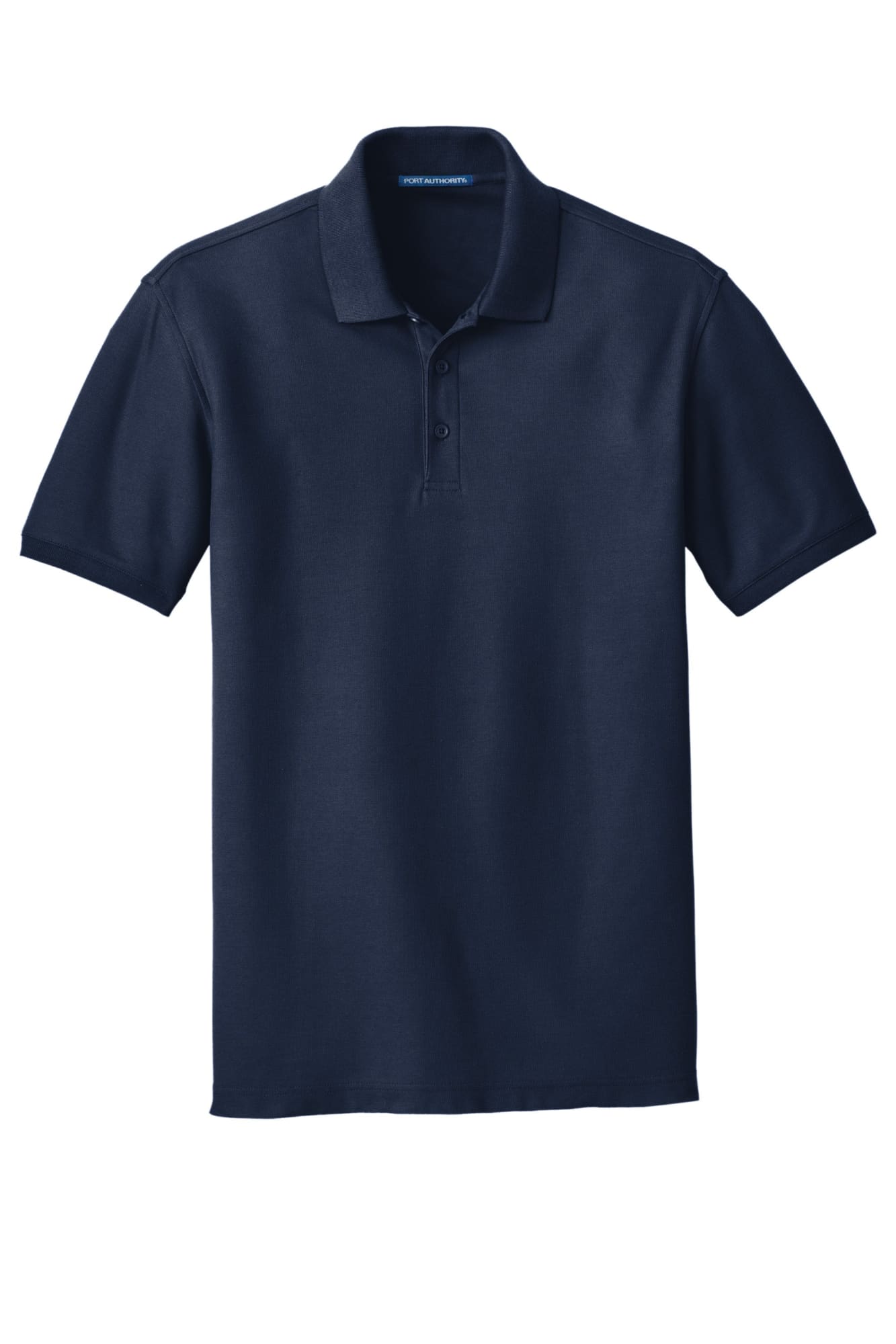A navy blue polo shirt with a collar and short sleeves, featuring a logo on the chest area.