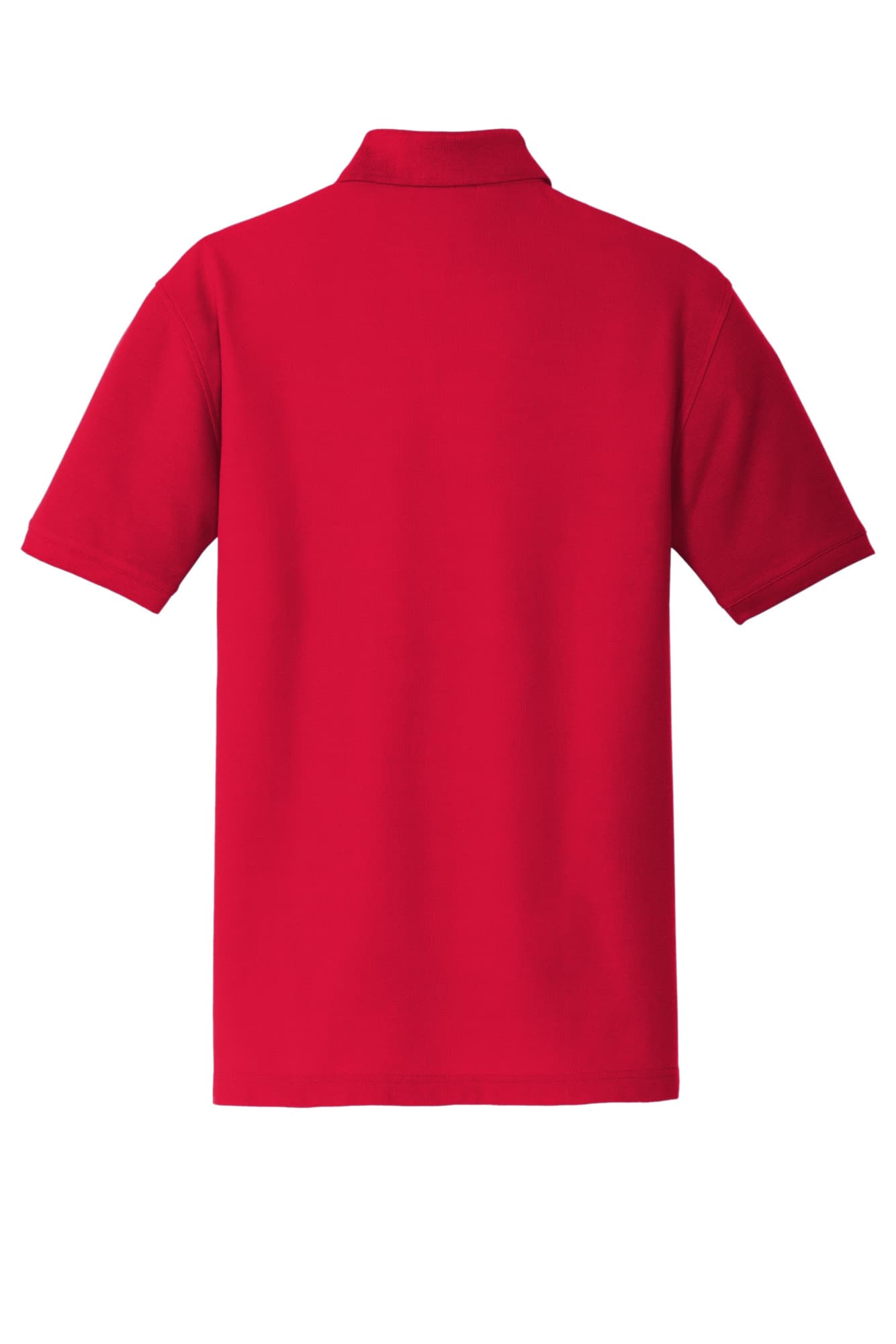 A red polo shirt with a classic pique texture, featuring a collar and short sleeves, and a logo on the back.