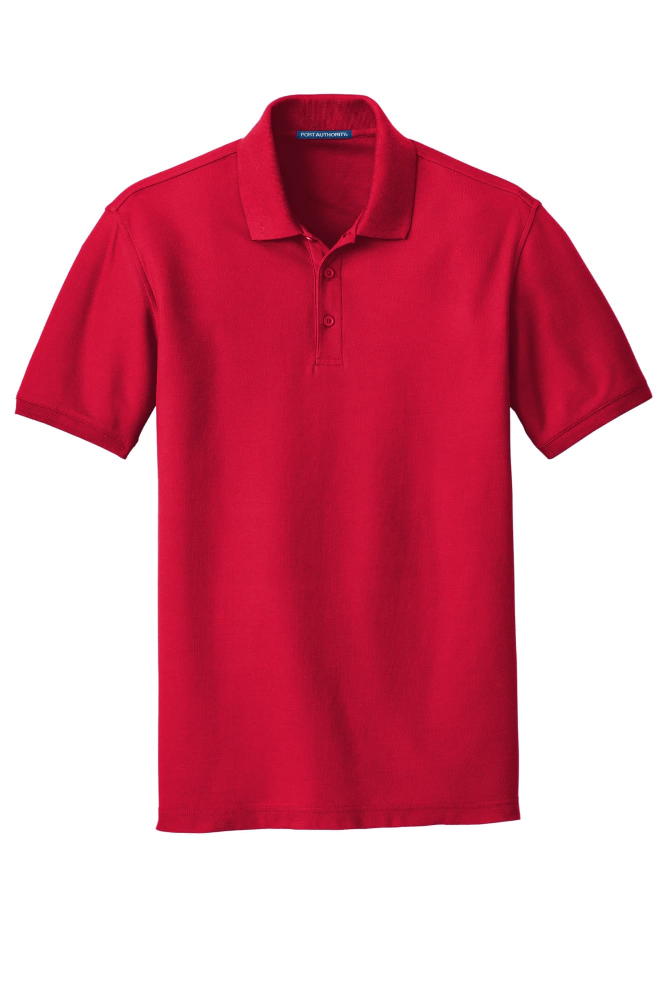 A red polo shirt with a classic pique texture, featuring a collar and a logo on the chest.