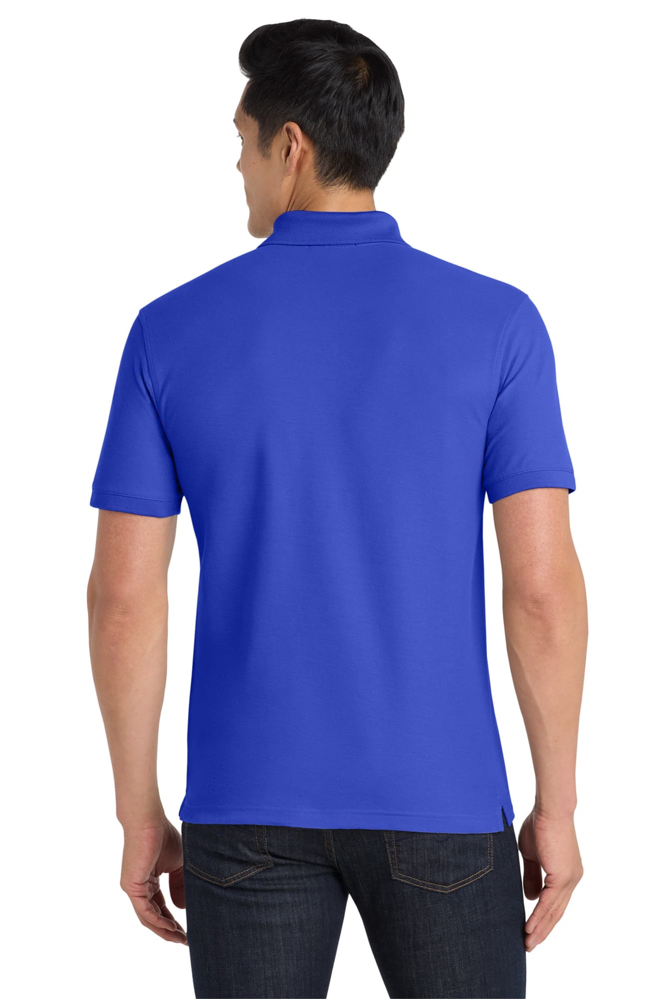 A blue polo shirt with a collar and short sleeves, featuring a logo on the back.