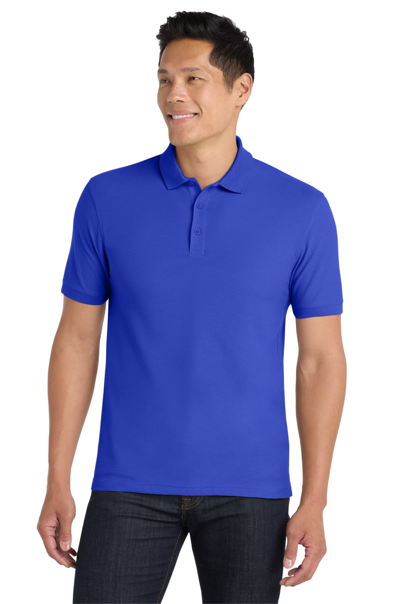 A blue polo shirt with a collar and short sleeves, featuring a logo on the chest area.