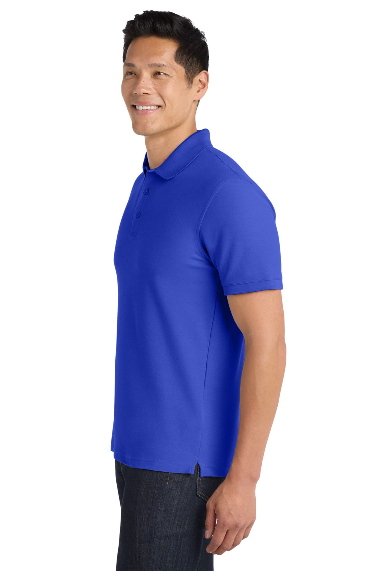 A blue polo shirt with a classic pique texture, displayed on a smiling male model. The shirt features a branding logo.