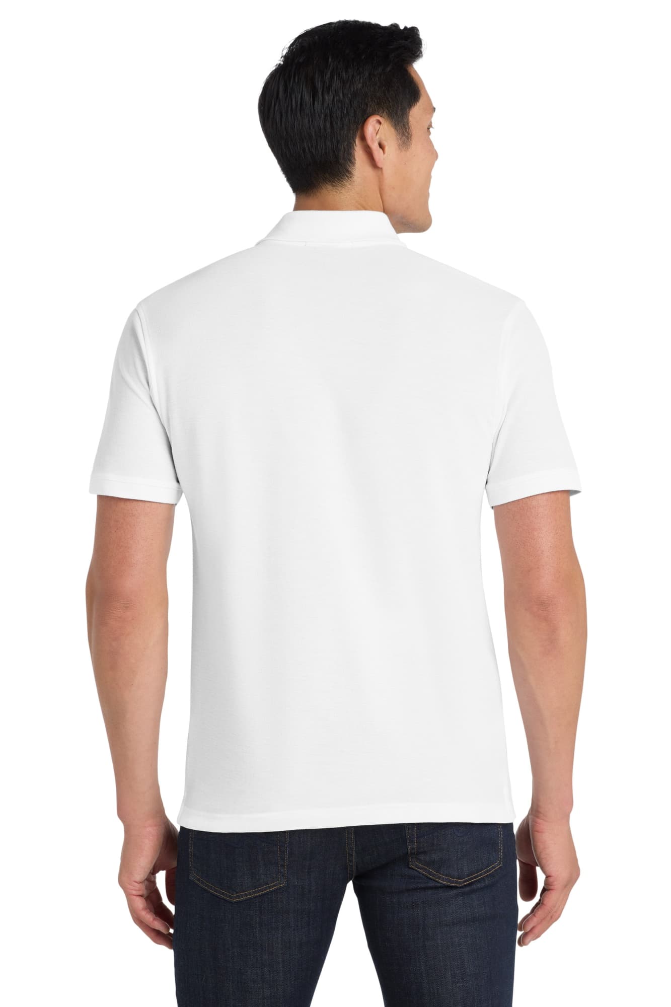 A white polo shirt with short sleeves, featuring a collar and a logo on the back.