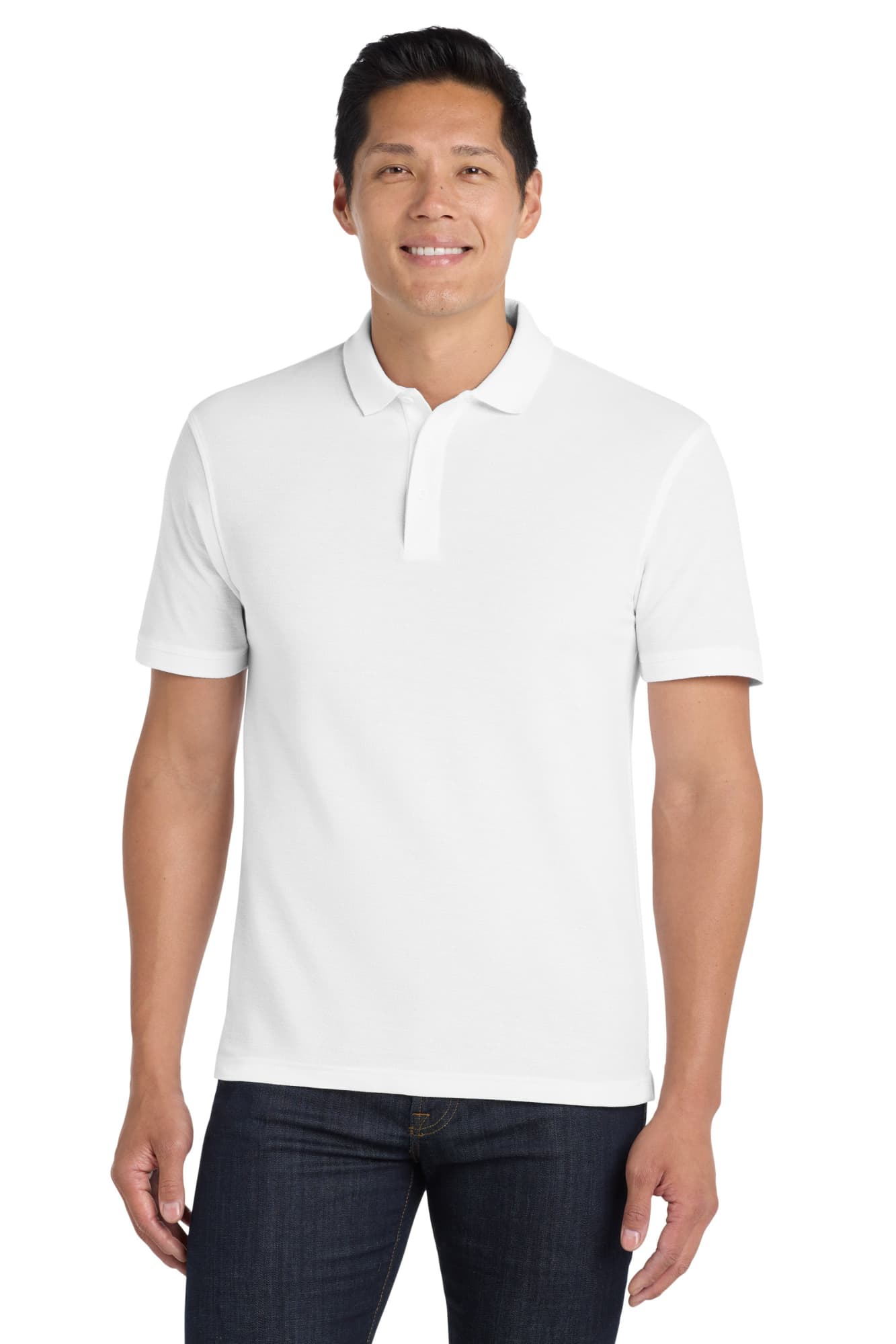 A white polo shirt featuring a collar and short sleeves, modelled by a man. The shirt has a logo on it.