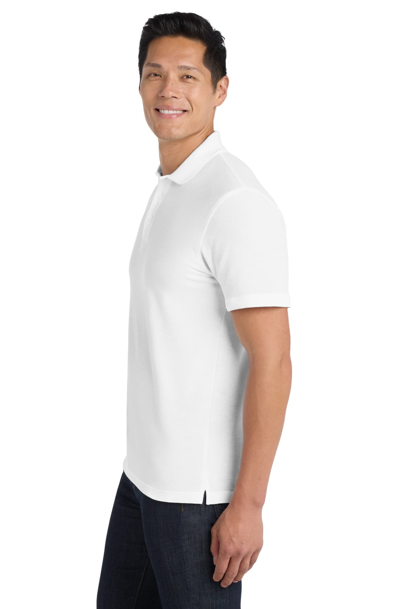 A white polo shirt displayed on a model, featuring a classic design and a logo on the chest area.