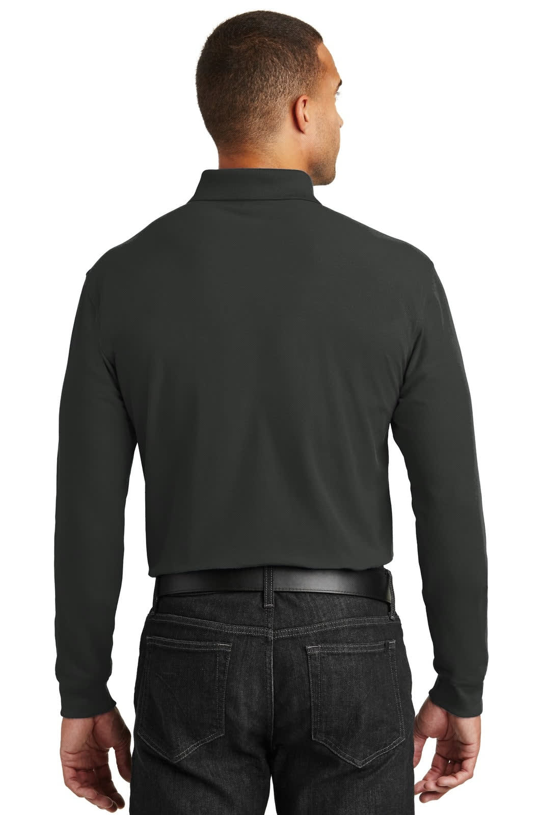 A dark-coloured long sleeve polo shirt with a collared neck, displayed from the back, featuring a logo.