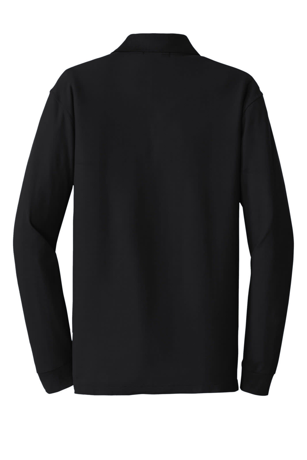 A black long sleeve polo shirt with a classic pique texture and a logo on the back.