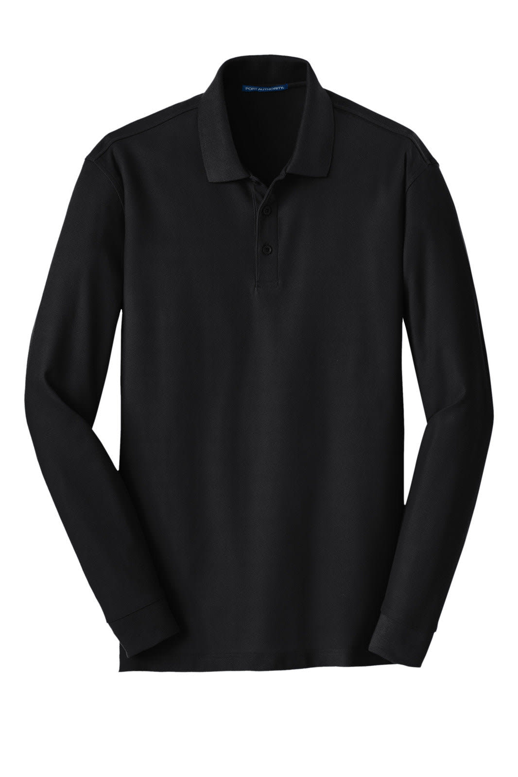 A long sleeve black polo shirt with a collar and a logo on the chest. Suitable for casual or semi-formal wear.