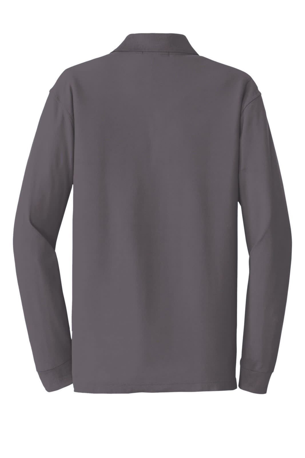 A long sleeve, classic pique polo shirt in dark grey, featuring a back view and a logo.