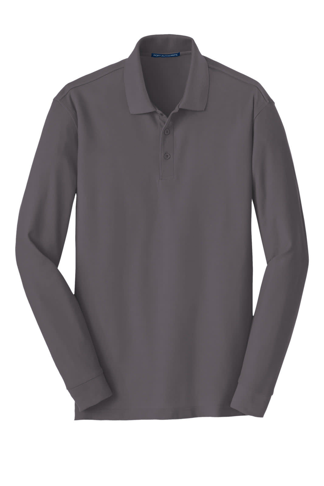 A long sleeve grey polo shirt with a classic pique texture and a collar, featuring a logo.