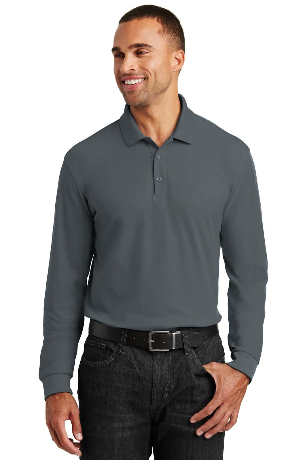 A long sleeve, grey polo shirt on a man, featuring a collar and a logo on the chest.