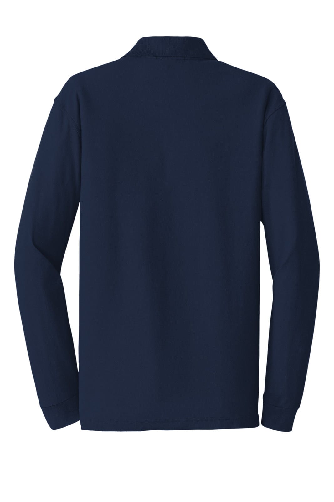 A long sleeve navy blue polo shirt featuring a collar and a logo on the chest.