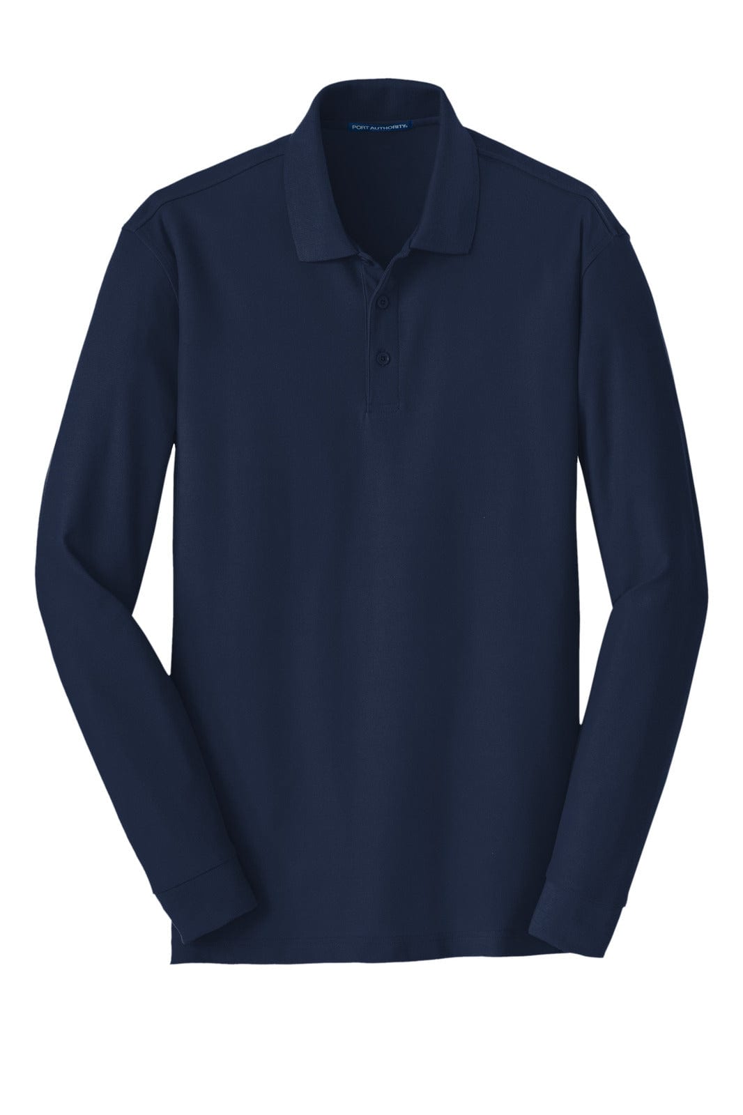 A navy blue long sleeve polo shirt with a collar and a logo on the chest.