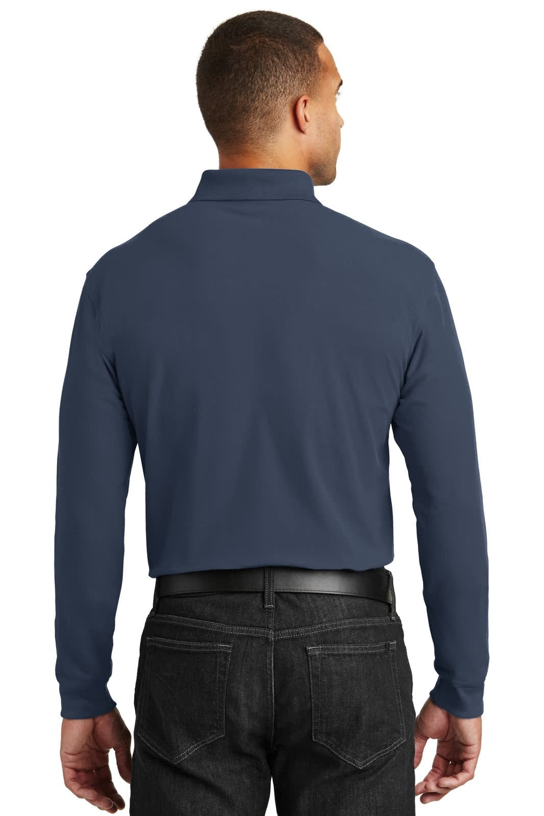 A navy long sleeve polo shirt featuring a classic pique texture and a logo on the back.