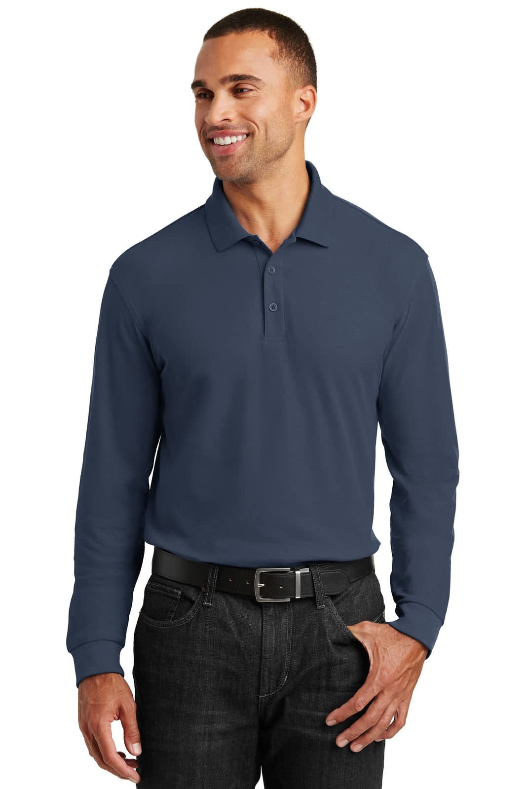 A long sleeve navy polo shirt with a collar and buttons, featuring a logo on the chest.