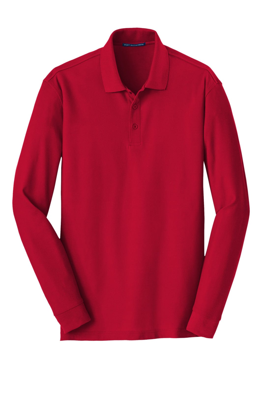 A red long sleeve polo shirt made from pique fabric, featuring a collar and buttons, with a logo on the chest.
