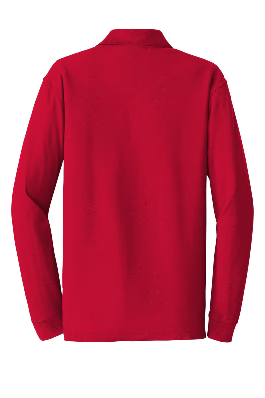 A long sleeve polo shirt in red with a collar and a logo on the back.