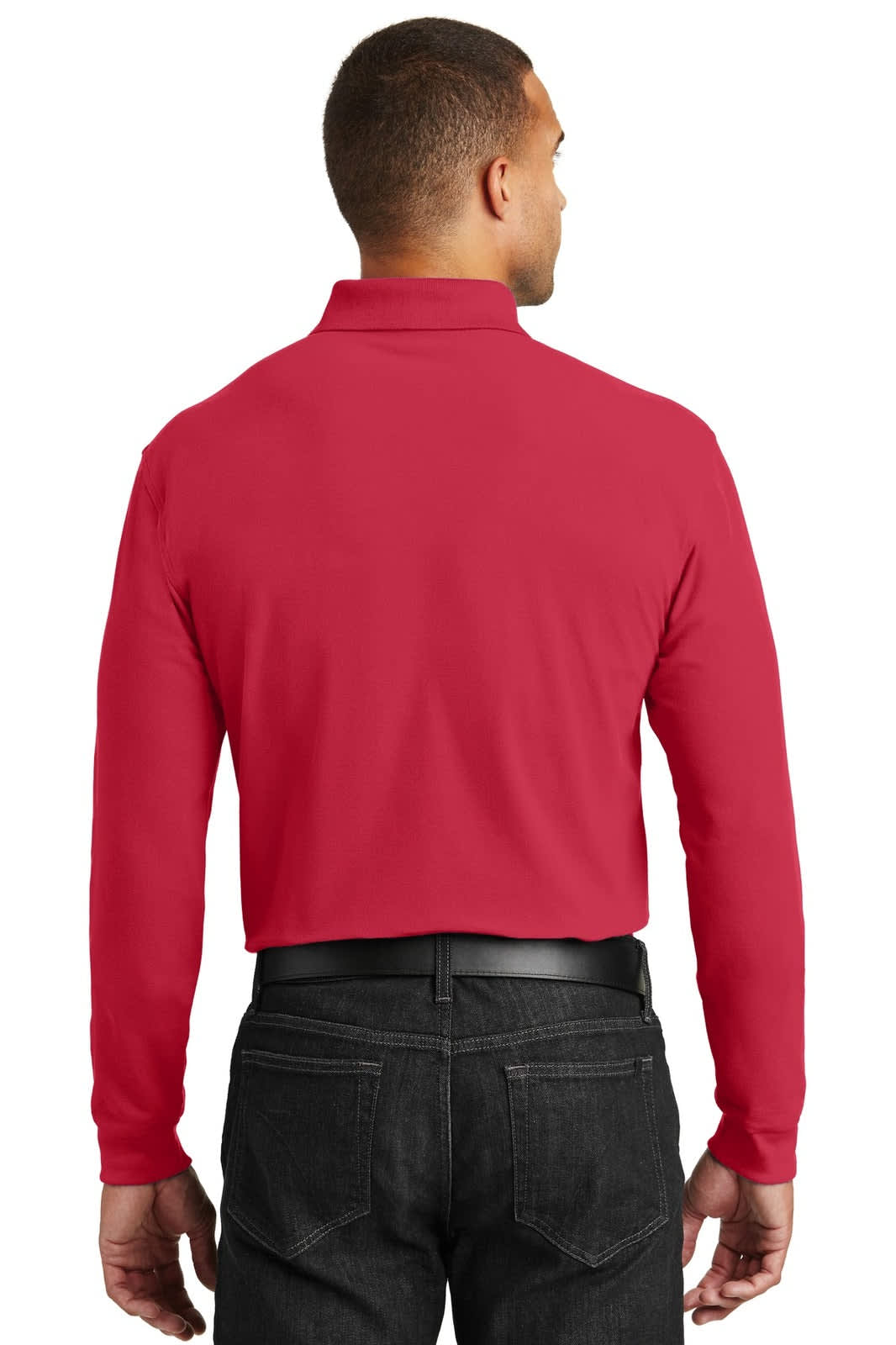 A red long sleeve polo shirt with a collar, featuring a logo, viewed from the back on a model.