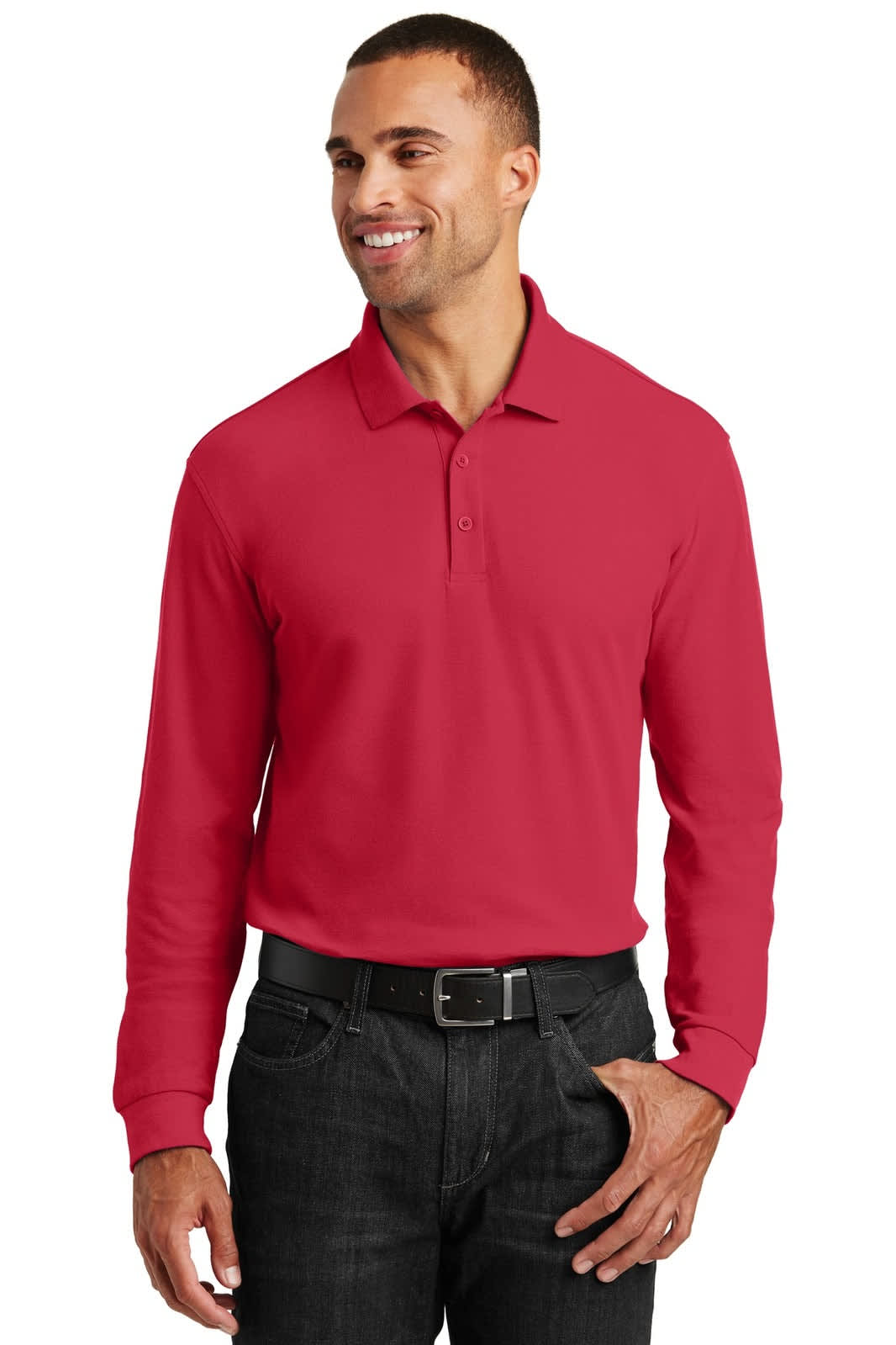 A red long sleeve polo shirt with a collar, featuring a logo, worn by a smiling man.