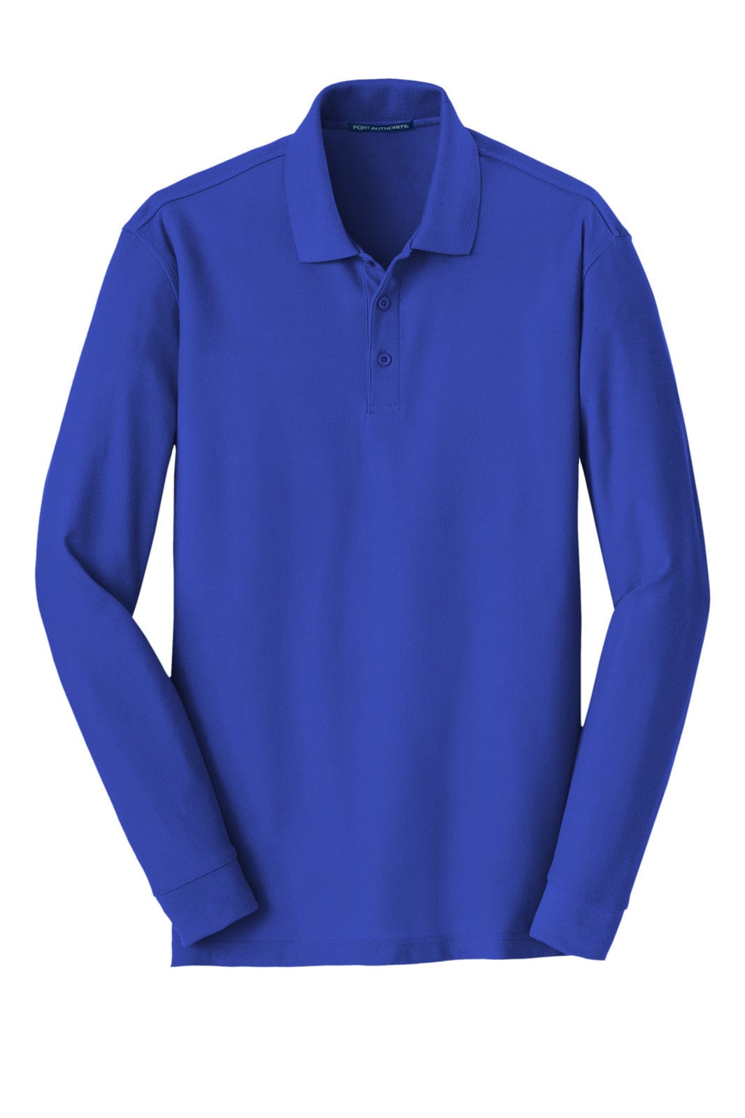 A long sleeve polo shirt in a vibrant royal blue, featuring a collar and button placket, with a logo on it.