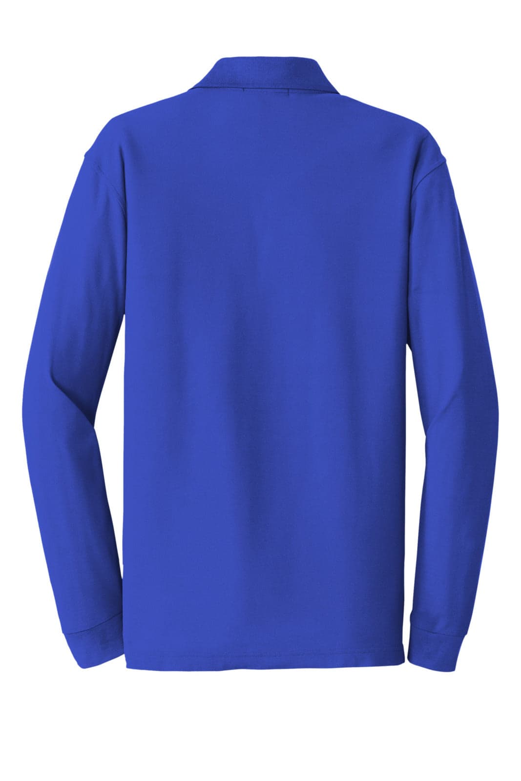 A long-sleeve polo shirt in blue with a collar and an embroidered logo on the left side.
