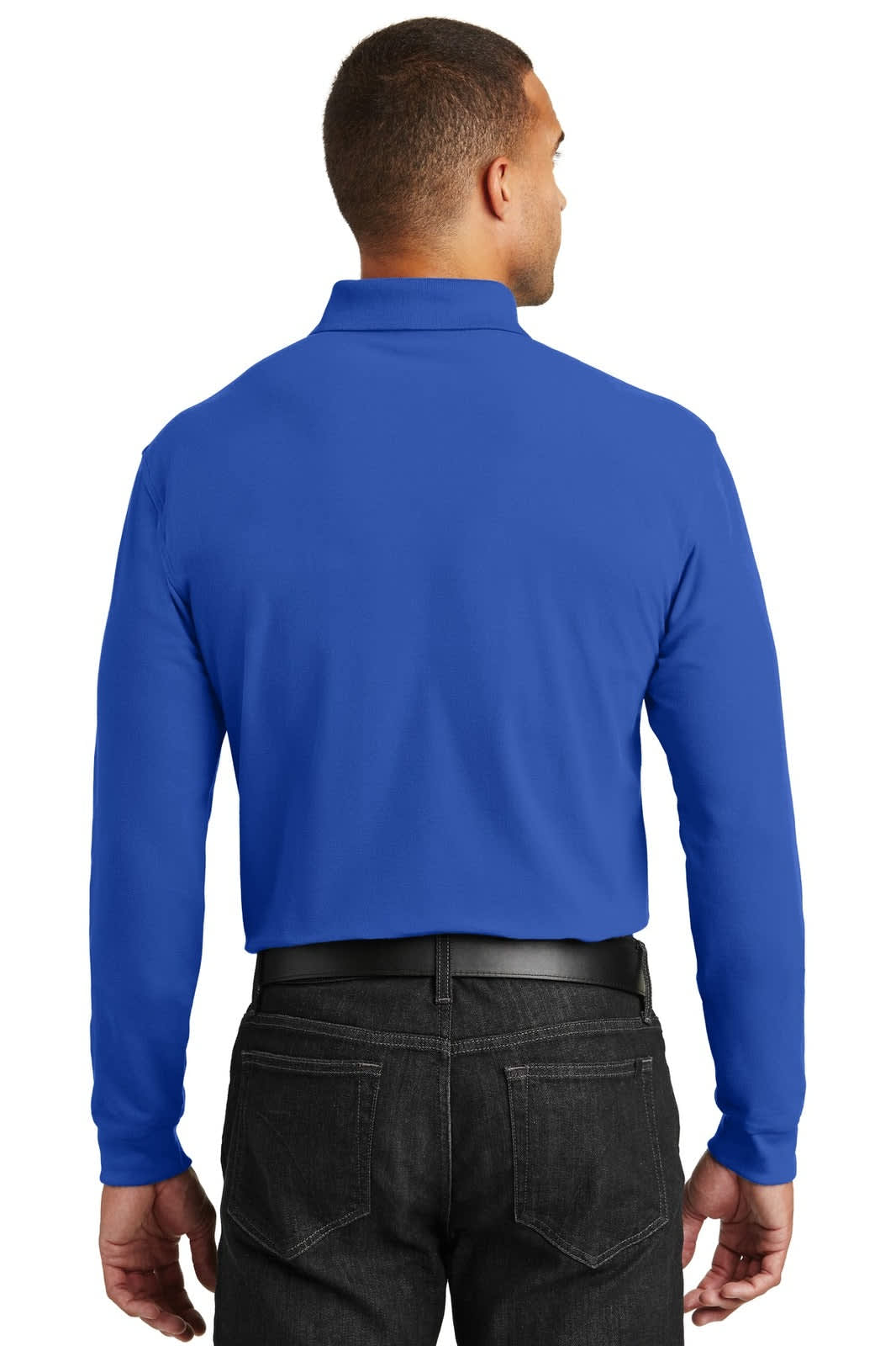 A blue long sleeve polo shirt with a collar, displaying a plain back view. Includes a logo.