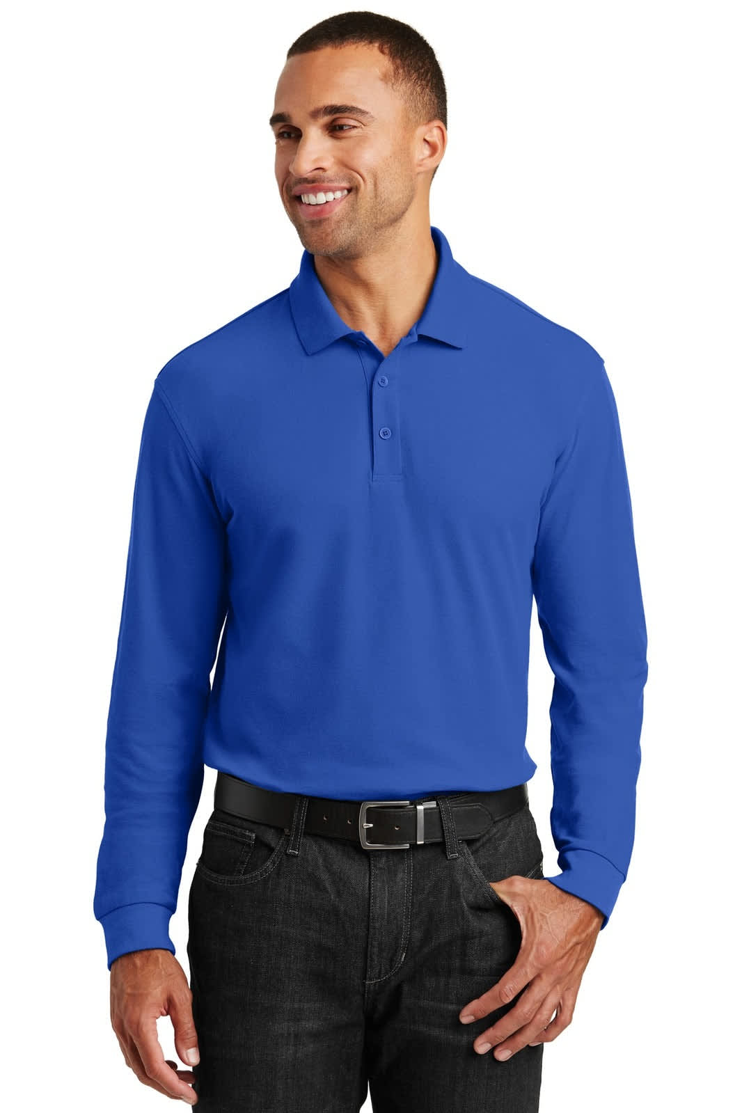 A long sleeve, royal blue polo shirt with a collar, featuring a logo on the chest and styled with dark trousers.