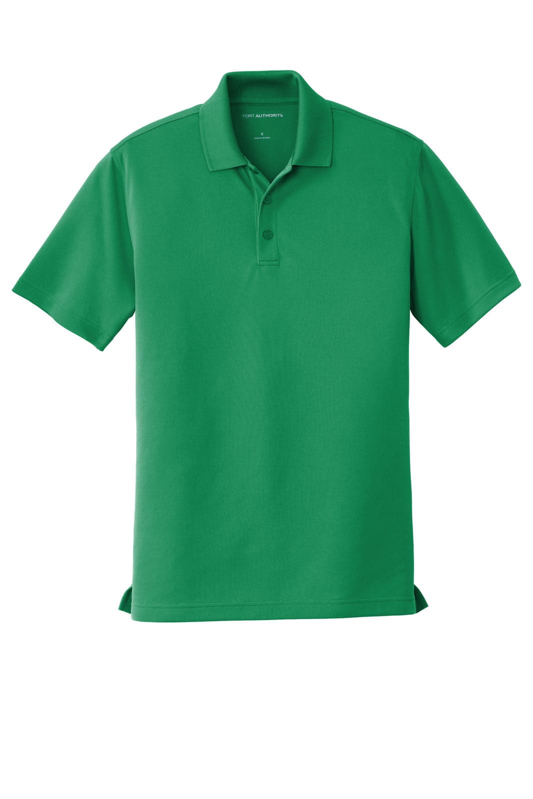 A green micro-mesh polo shirt with a collar and three-button placket, featuring a branding logo.