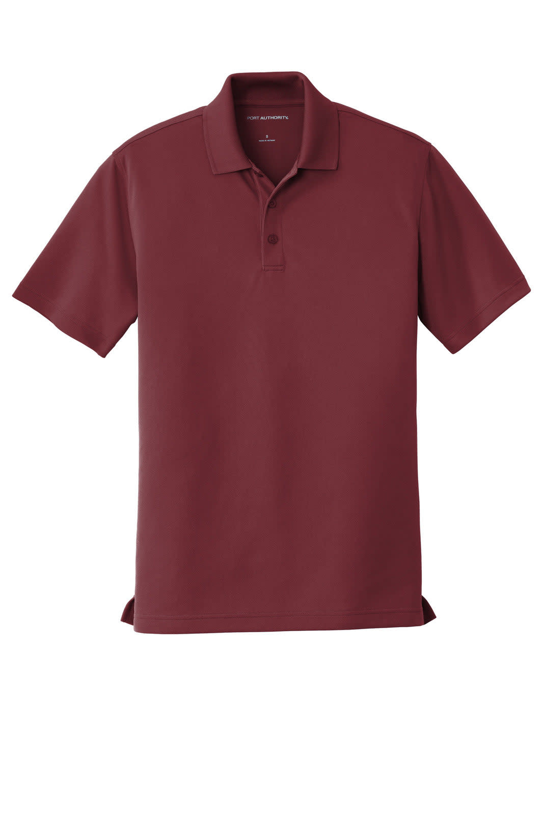 A maroon polo shirt featuring a collar, short sleeves, and a discreet logo.