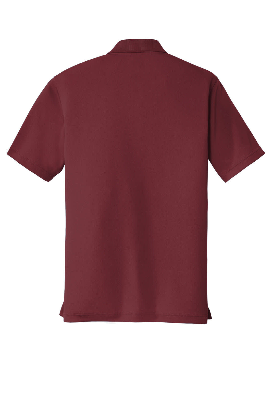 A maroon polo shirt with a collar and short sleeves, featuring a logo on the chest.