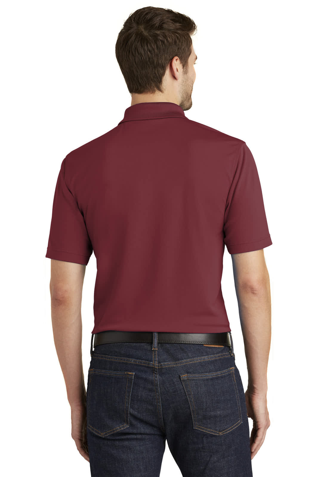 A man in a burgundy polo shirt, viewed from the back, wearing dark jeans. The shirt features a logo.