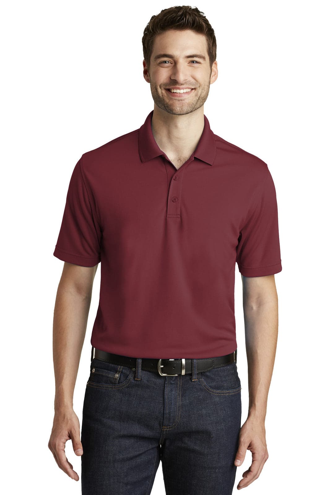 A maroon polo shirt with short sleeves and a collar, featuring a logo on the left side.