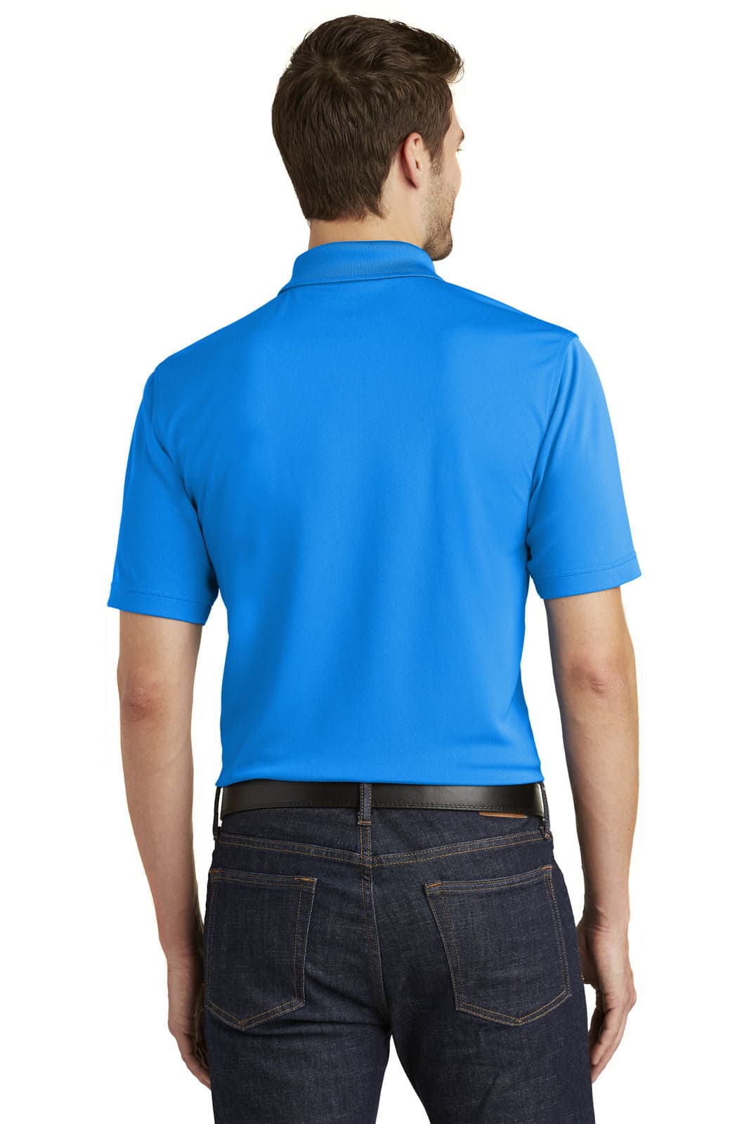 A blue polo shirt with short sleeves and a collar, featuring a logo on the back.