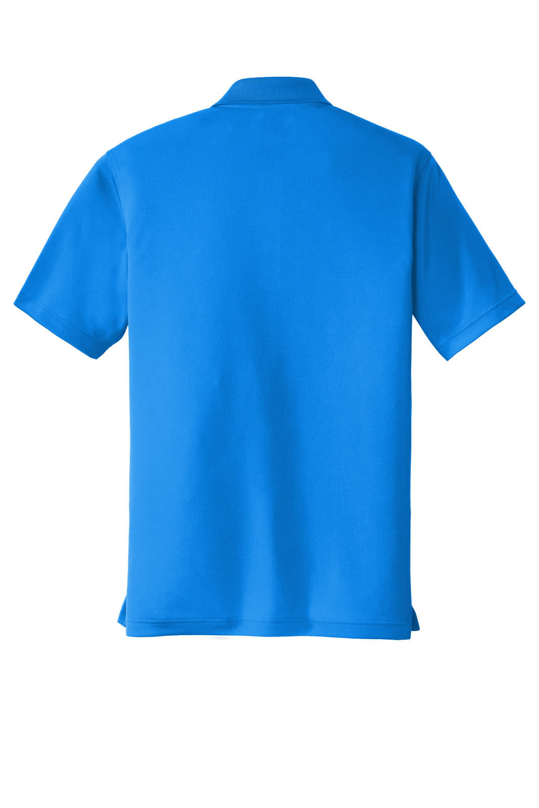 A vibrant blue polo shirt with a classic design, featuring a back view and a logo.