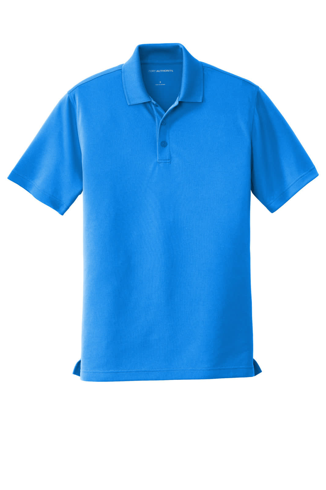 A blue Port Authority Dry Zone UV Micro-Mesh Polo with a collar and button placket, featuring a logo.