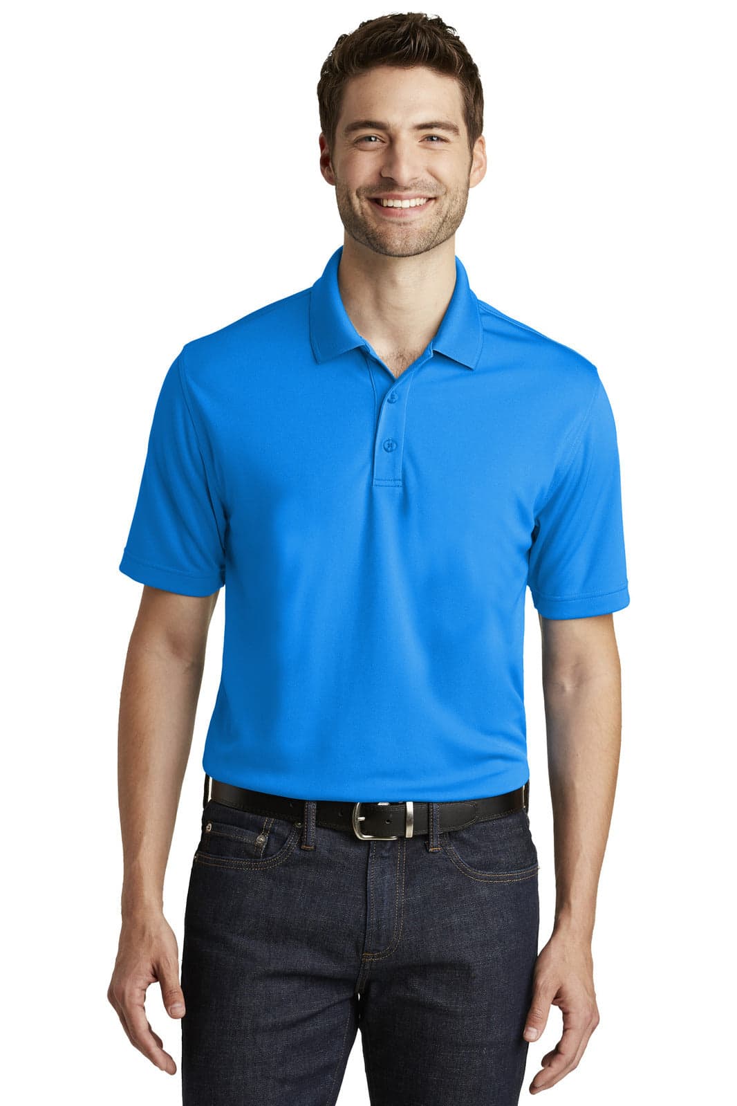 A blue micro-mesh polo shirt with a collar, featuring short sleeves and a logo on the chest.
