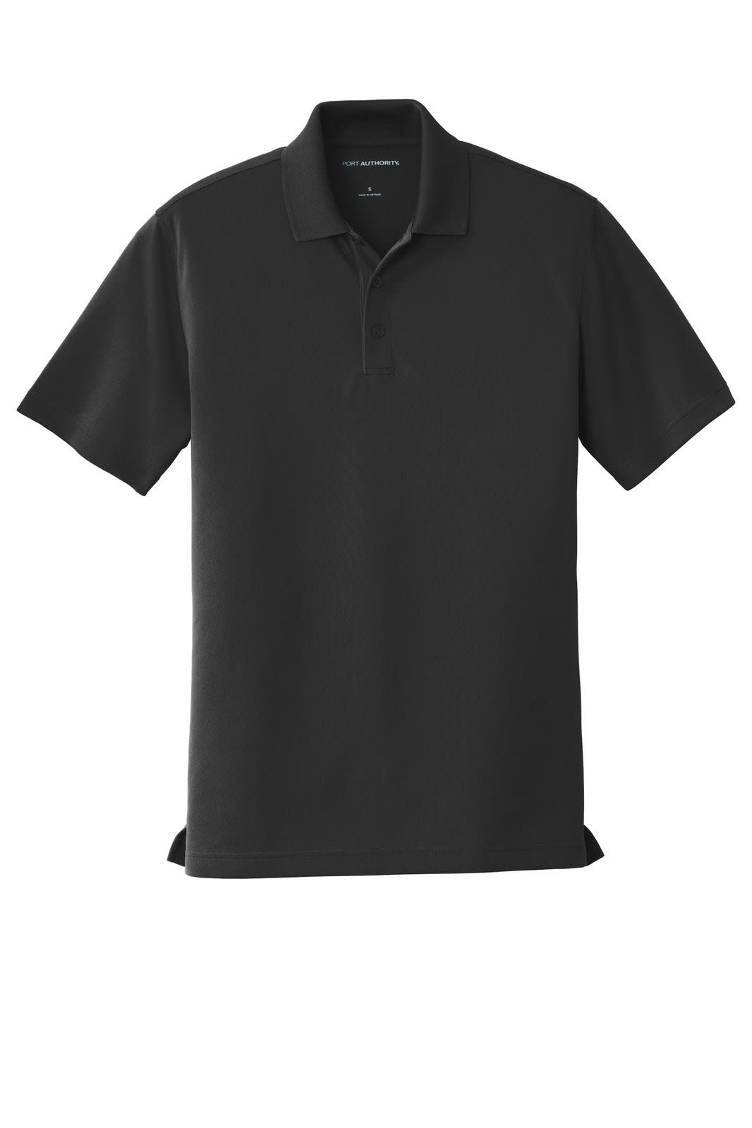 A black polo shirt in micro-mesh fabric with a collar and short sleeves, featuring a logo.