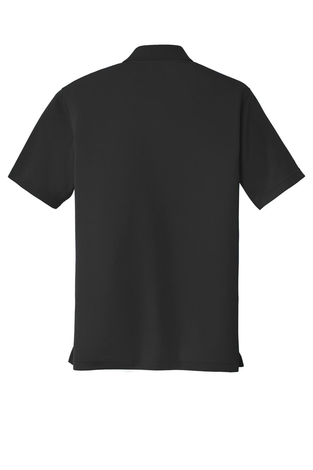 A black polo shirt featuring a micro-mesh design and a collar, with a logo on the back.