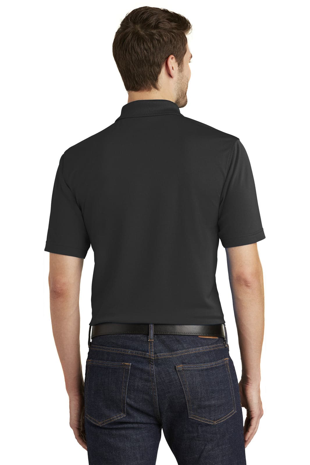 A man wearing a black micro-mesh polo shirt, viewed from the back, featuring a logo on the collar.